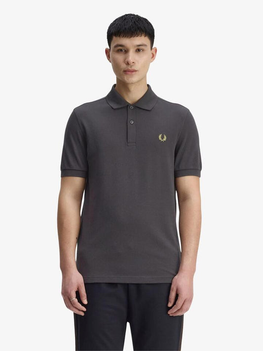 Image of a model wearing Tops. Productname: Fred Perry The Fred Perry Shirt in Anchor Grey/Tennis Ball Yellow colour by brand - Fred Perry
