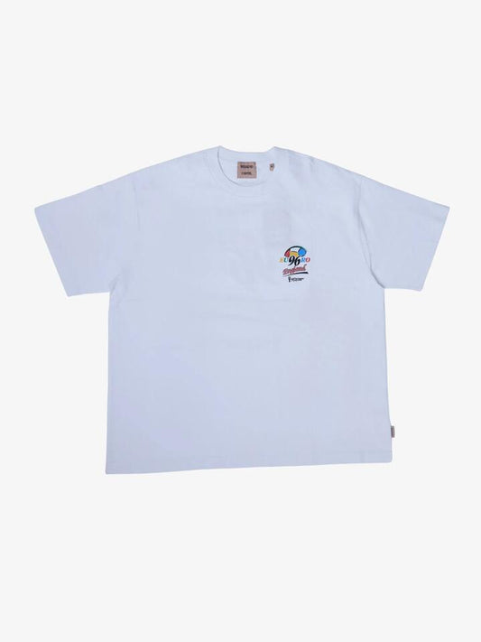 Image of a model wearing Tops. Productname: Weekend Cartel Euro 96 Tee in White colour by brand - Weekend Cartel