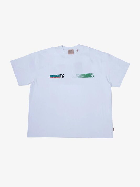 Image of a model wearing Tops. Productname: Weekend Cartel Mexico 86 Tee in White colour by brand - Weekend Cartel