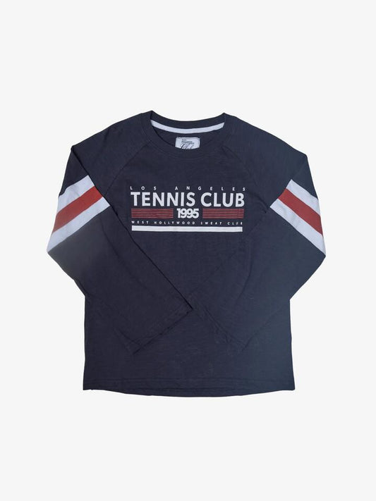 Image of a model wearing Outerwear. Productname: West Hollywood Sweat Club 1995 Tennis Club Raglan Tee in NAVY colour by brand - West Hollywood Sweat Club