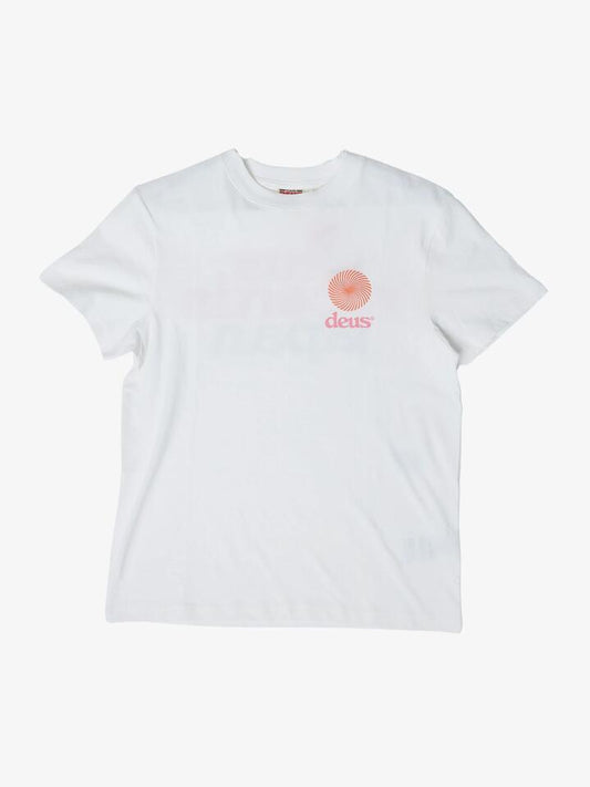 Image of a model wearing Tops. Productname: Deus Vintage Strata Tee in Vintage White colour by brand - Deus