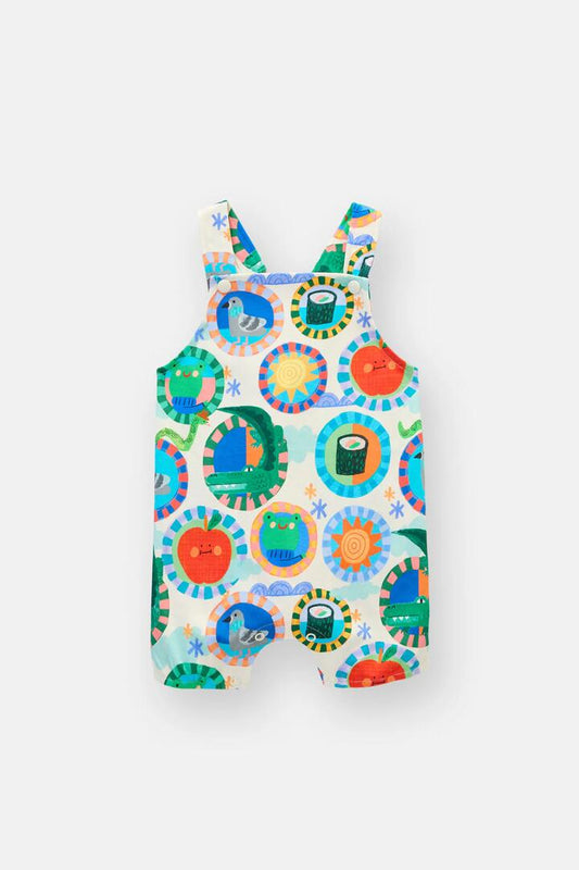 Image of a model wearing Pants. Productname: Animal Stamp Baby Overalls in Cream colour by brand - Gorman