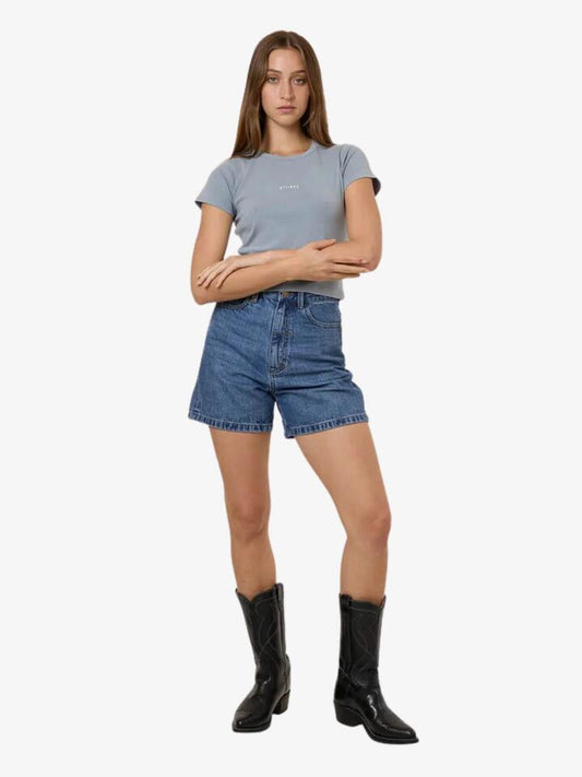 Image of a model wearing Tops. Productname: Thrills Minimal Thrills Mini Tee in SMOG colour by brand - Thrills