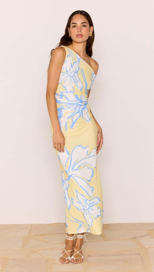 Image of Dresses. Product name - Yellow & Blue Floral Asymmetric Mesh Maxi Dress in Lemon Floral colour by brand - MINKPINK