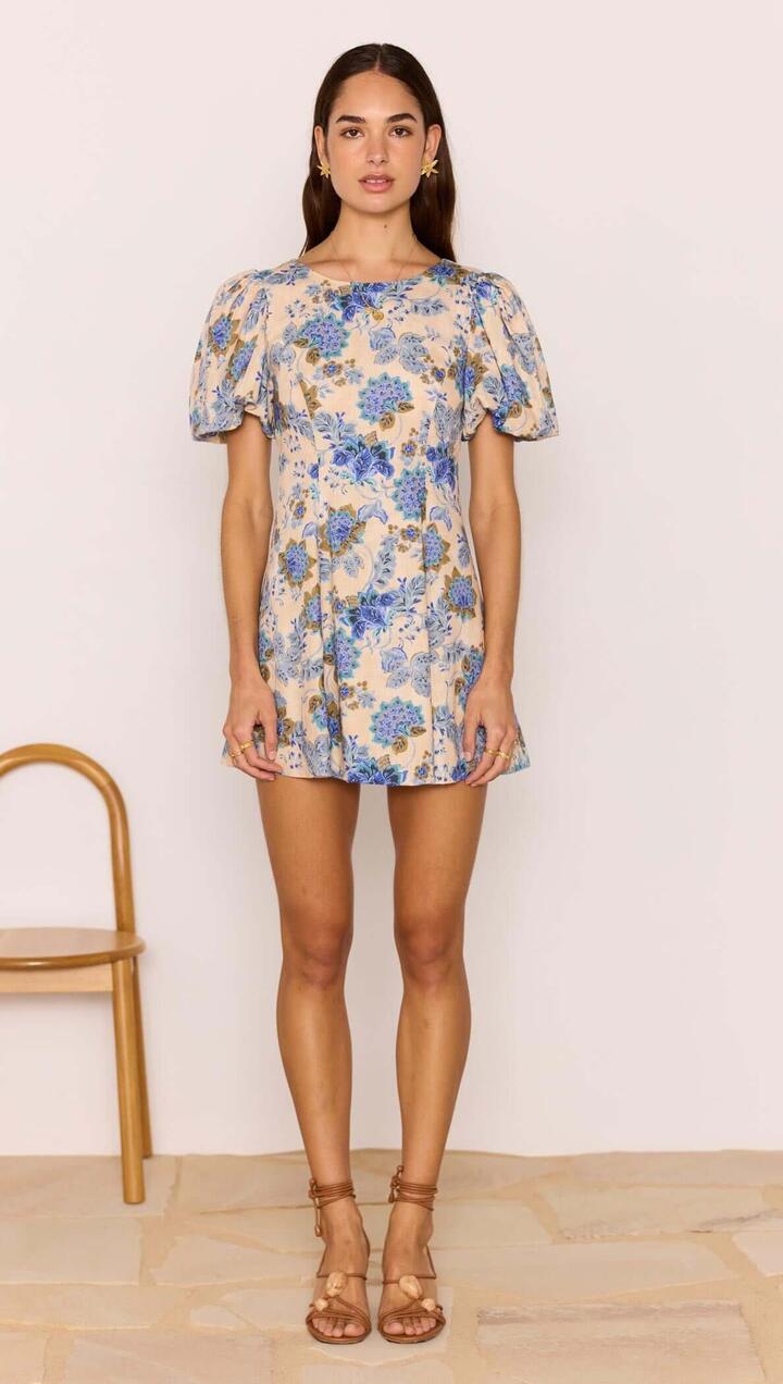Image of Dresses. Product name - Linen Blend Blue Floral Mini Dress in Blue/Beige Floral colour by brand - MINKPINK