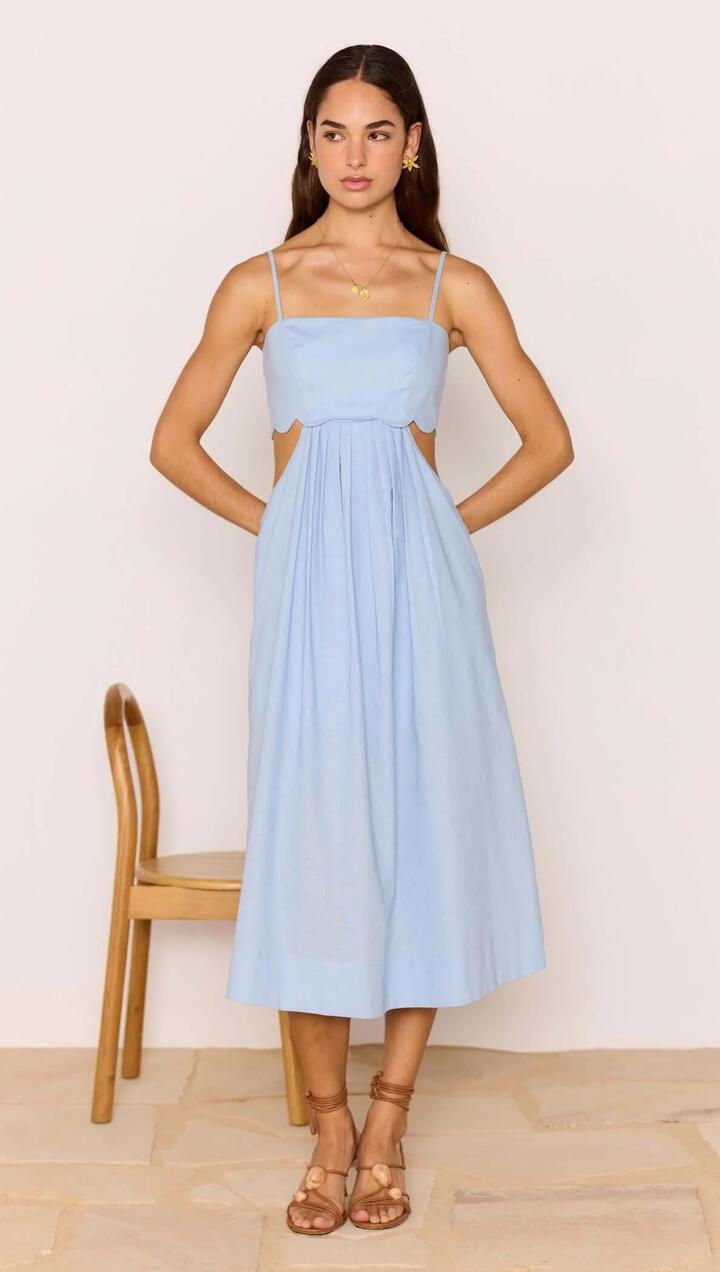 Image of Dresses. Product name - Cotton Linen Blend Blue Cut-Out Midi Dress in Baby Blue colour by brand - MINKPINK
