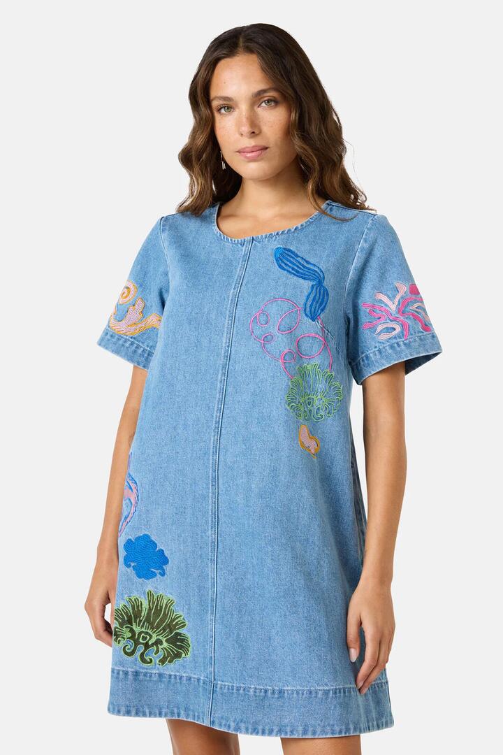Image of Dresses. Product name - Fleur Embroidered Denim Dress in Denim colour by brand - Gorman
