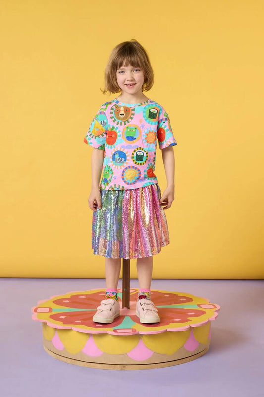 Image of a model wearing Tops. Productname: Animal Stamp Kids SS Tee in Pink colour by brand - Gorman