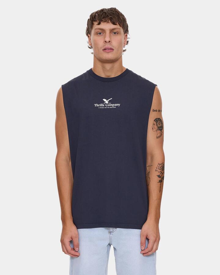 Image of a model wearing Tops. Product name - Thrills Mens A Heaven For The Restless Muscle Total Eclipse in Total Eclipse colour by brand - Thrills