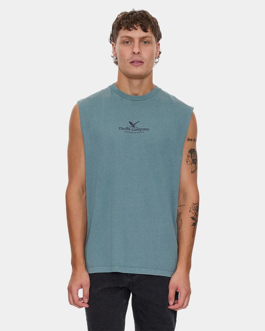 Image of a model wearing Tops. Productname: thrills - Mens A Heaven For The Restless Muscle - Green Coast - in Green Coast colour by brand - thrills