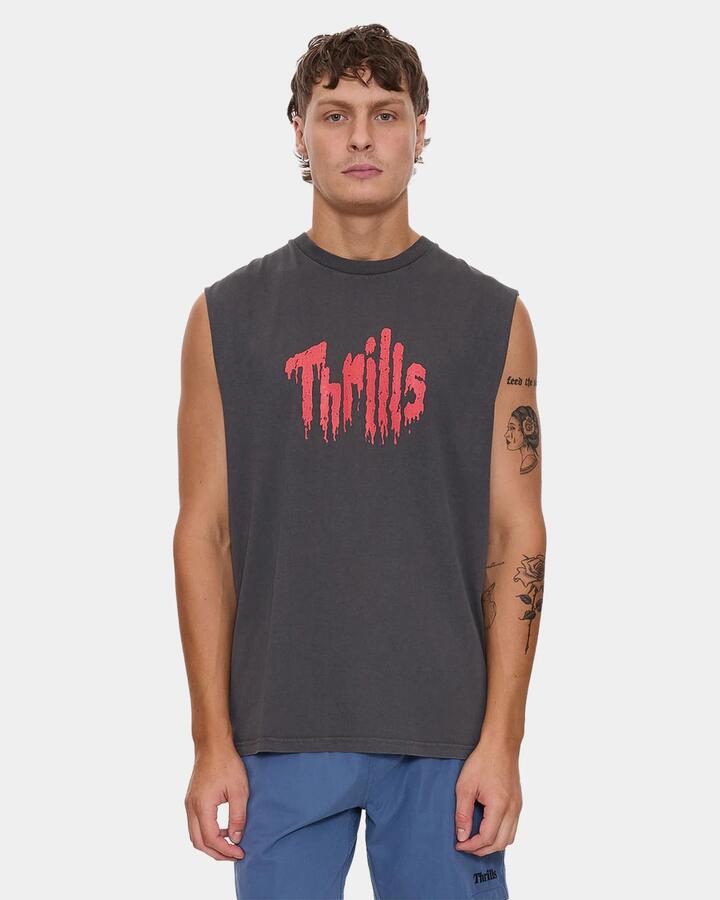 Image of a model wearing Tops. Product name - Thrills Mens Banquet Muscle Merch Black in Merch Black colour by brand - Thrills
