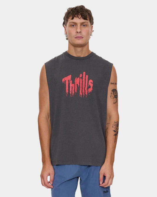Image of a model wearing Tops. Product name - Thrills Mens Banquet Muscle Merch Black in Merch Black colour by brand - Thrills