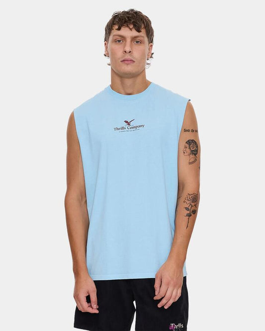 Image of a model wearing Tops. Productname: thrills Mens A Heaven For The Restless Muscle Dalis Blue - in Dalis Blue colour by brand - Thrills