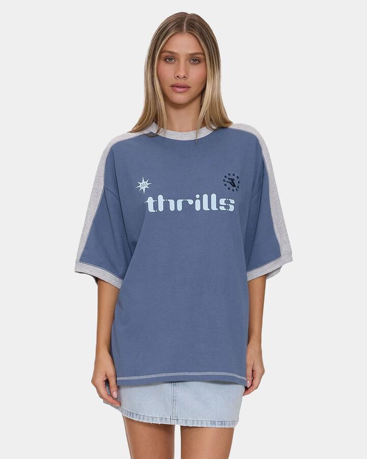 Image of T-Shirts. Product name - Thrills Womens Hot Shot Panelled Oversized T-Shirt Bluefin in Bluefin colour by brand - Thrills