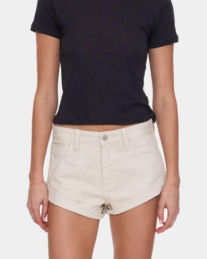 Image of a model wearing Shorts. Productname: thrills - Womens Remi Rolled Low Rise Denim Shorts - Stone - in Stone colour by brand - thrills