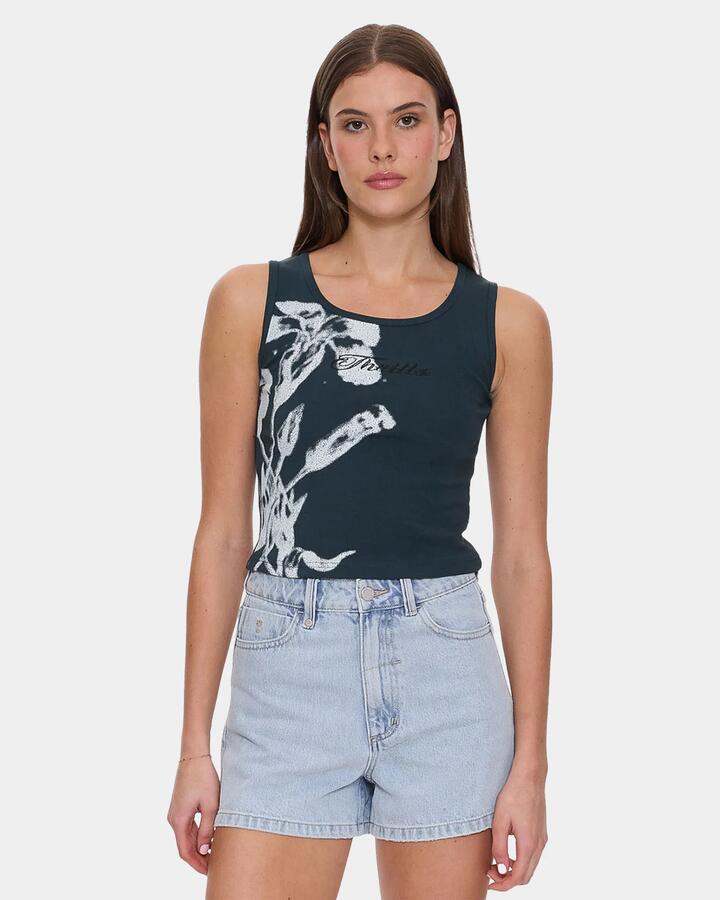 Image of a model wearing Tops. Product name - Thrills Womens Invigorate Y2K Tank Top Jasper Green in Jasper Green colour by brand - Thrills