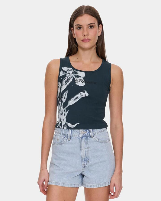Image of a model wearing Tops. Product name - Thrills Womens Invigorate Y2K Tank Top Jasper Green in Jasper Green colour by brand - Thrills