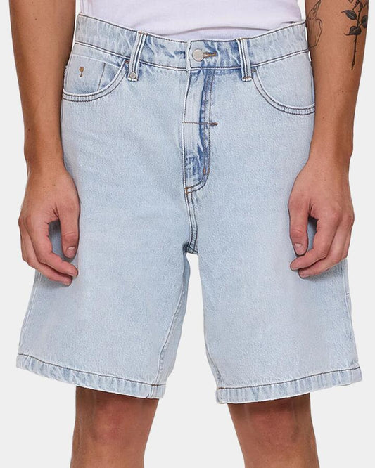 Image of a model wearing Shorts. Productname: thrills - Mens Slacker Mid Denim Shorts - Light Dusk - in Light Dusk colour by brand - thrills