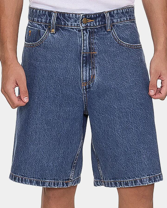 Image of a model wearing Shorts. Productname: thrills - Mens Slacker Mid Denim Shorts - Light Stoned Blues - in Light Stoned Blues colour by brand - thrills