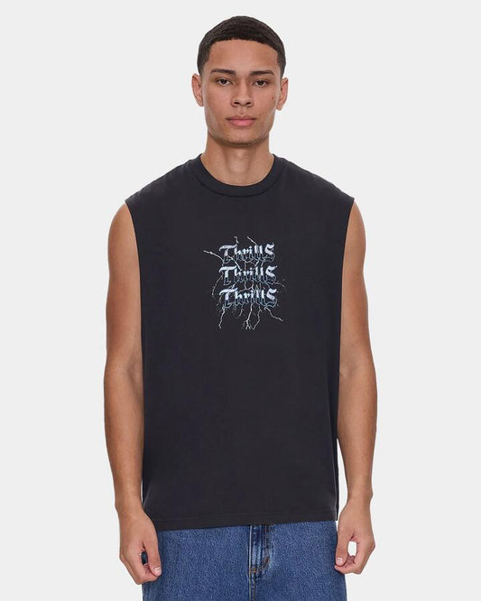Image of a model wearing Tops. Productname: thrills - Mens Run For The Hills Oversized Muscle - Washed Black - in Washed Black colour by brand - thrills