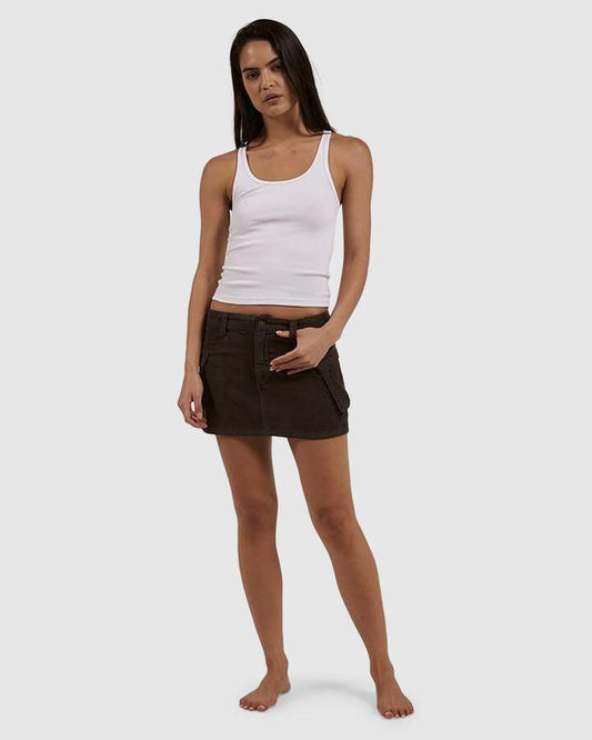 Image of a model wearing Skirts. Productname: Thrills Womens Lottie Cord Cargo Mini Skirt Tarmac - in Tarmac colour by brand - Thrills