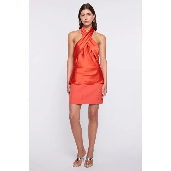 Image of a model wearing Tops. Productname: After Midnight Halter Top in Tangerine colour by brand - sass and bide