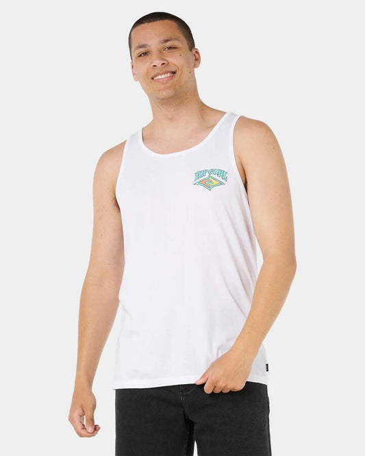 Image of a model wearing Tops. Productname: rip Curl - Mens Dazed And Tubed Tank - White - in White colour by brand - rip Curl