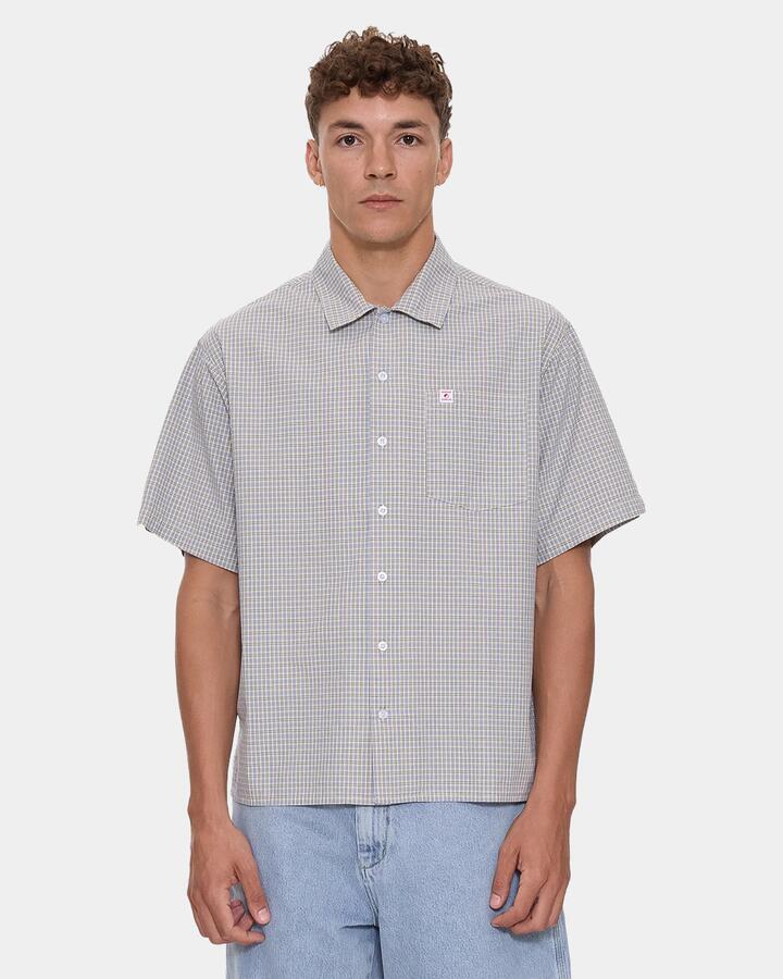 Image of a model wearing Tops. Productname: worship - Mens Cherub Short Sleeve Shirt - Blue - in Blue colour by brand - worship