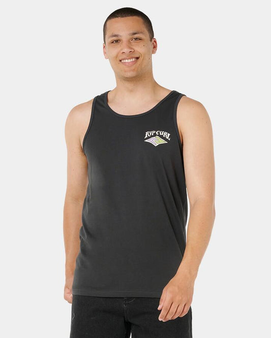 Image of a model wearing Tops. Product name - Rip Curl Mens Dazed And Tubed Tank Washed Black in Washed Black colour by brand - Rip Curl