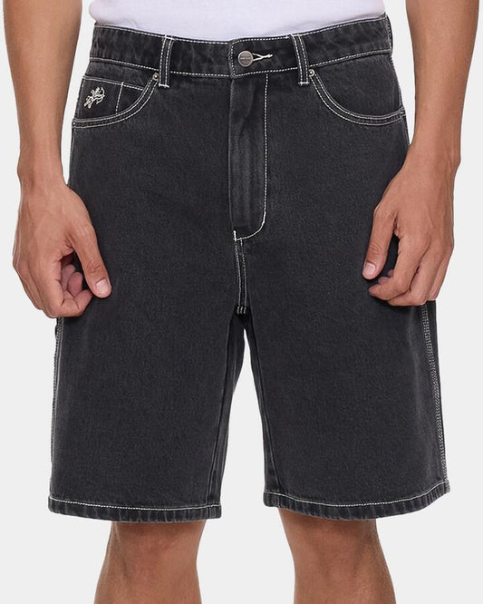 Image of a model wearing Shorts. Productname: worship - Mens Glazed Carpenter Denim Shorts - Used Black - in Used Black colour by brand - worship