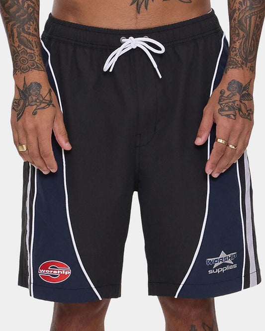 Image of a model wearing Shorts. Productname: worship Mens Laps Elastic Swim Shorts Worn Black - in Worn Black colour by brand - Worship
