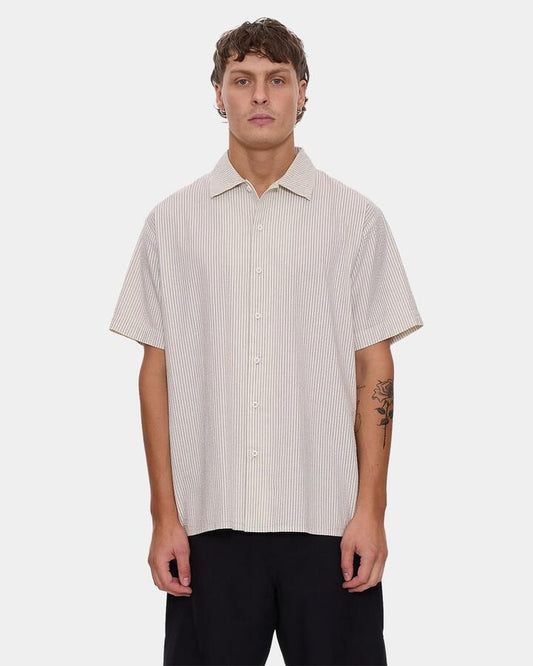 Image of a model wearing Tops. Productname: thrills - Mens Neurotic Illusions Short Sleeve Shirt - Dirty White - in Dirty White colour by brand - thrills