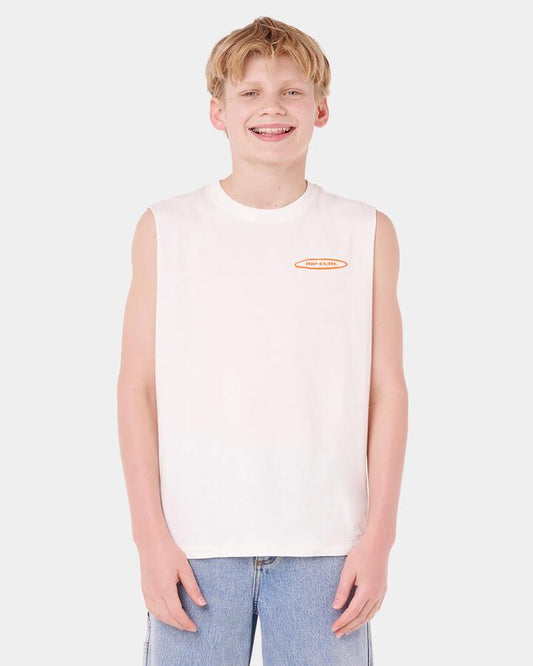 Image of a model wearing Tops. Product name - Rip Curl Boys 8-16 Island Paradiso Muscle Bone in Bone colour by brand - Rip Curl