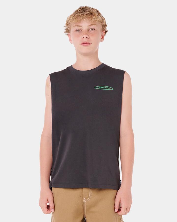 Image of a model wearing Tops. Product name - Rip Curl Boys 8-16 Island Paradiso Muscle Washed Black in Washed Black colour by brand - Rip Curl