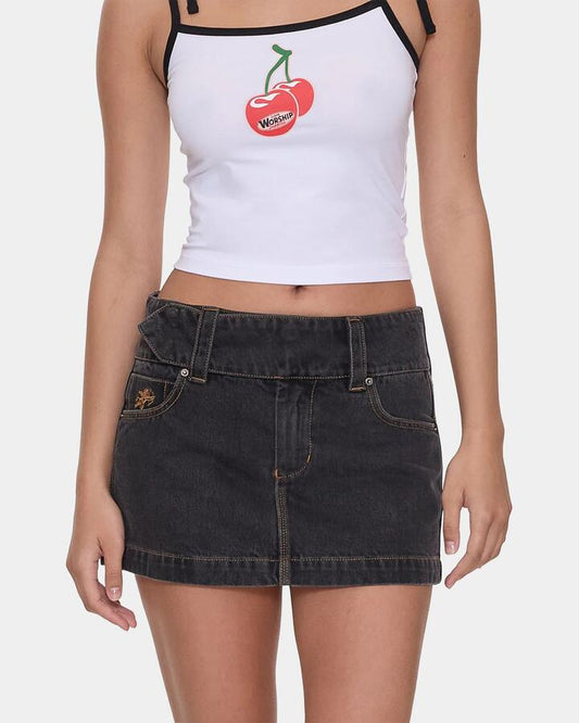 Image of a model wearing Skirts. Productname: worship Womens Nostalgia Micro Skirt Phantom - in Phantom colour by brand - Worship