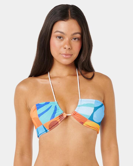 Image of a model wearing Tops. Productname: rip Curl - Womens Aots Ty Williams Bandeau Bikini Top - Multico - in Multico colour by brand - rip Curl