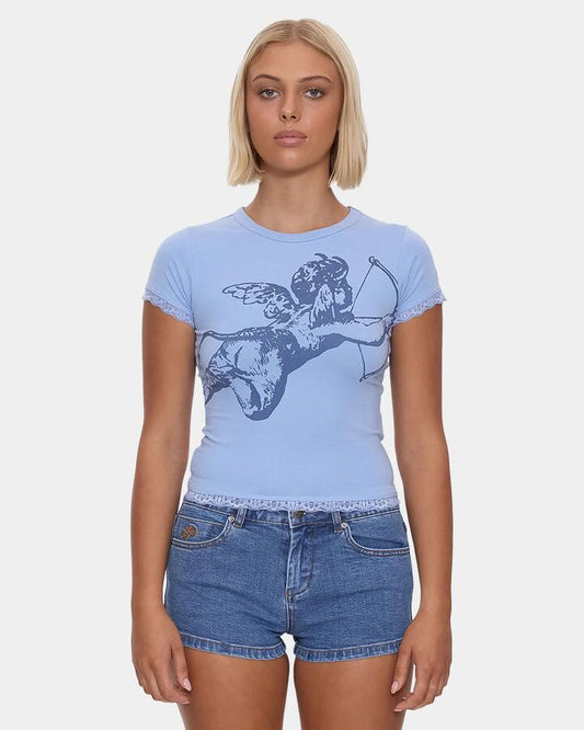 Image of T-Shirts. Productname: worship Womens Cherub Lace Cap T-Shirt Bell Air Blue - in Bell Air Blue colour by brand - Worship