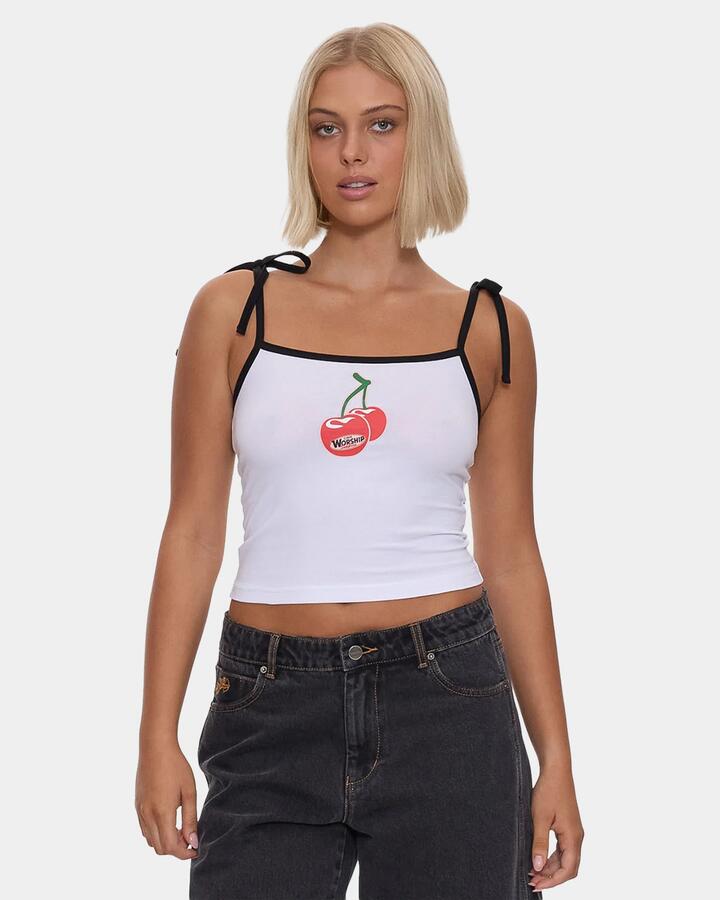 Image of a model wearing Tops. Product name - Worship Womens Glazed And Confused Ties Tank Top White in White colour by brand - Worship