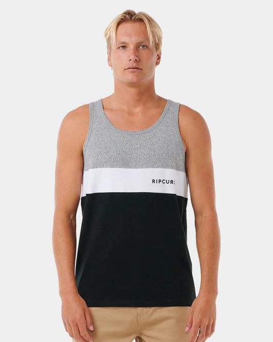 Image of a model wearing Tops. Productname: Rip Curl Mens Undertow Panel Tank Top Black - in Black colour by brand - Rip Curl