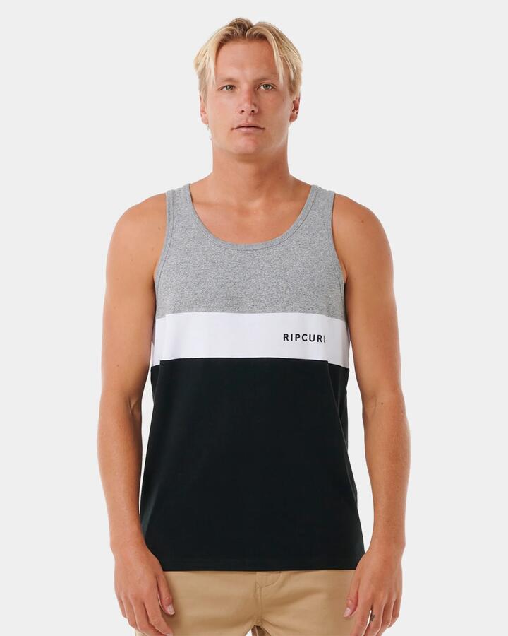 Image of a model wearing Tops. Product name - Rip Curl Mens Undertow Panel Tank Top Black in Black colour by brand - Rip Curl