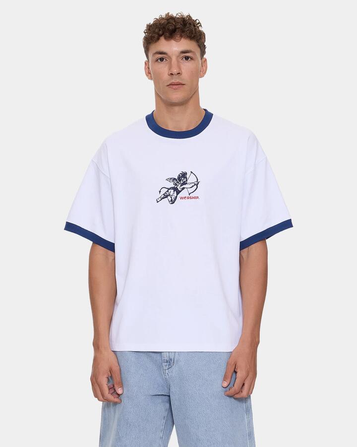 Image of T-Shirts. Product name - Worship Mens Cherub Oversized Ringer T-Shirt White in White colour by brand - Worship