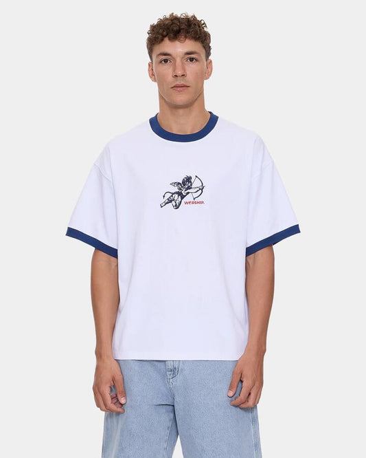 Image of T-Shirts. Product name - Worship Mens Cherub Oversized Ringer T-Shirt White in White colour by brand - Worship