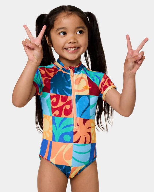 Image of a model wearing Tops. Product name - Rip Curl Girls 1-8 Aots Ty Short Sleeve Suit One Piece Multi in Multi colour by brand - Rip Curl