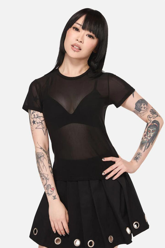 Image of a model wearing Tops. Productname: Electric Punk Mesh Top in Black colour by brand - Dangerfield
