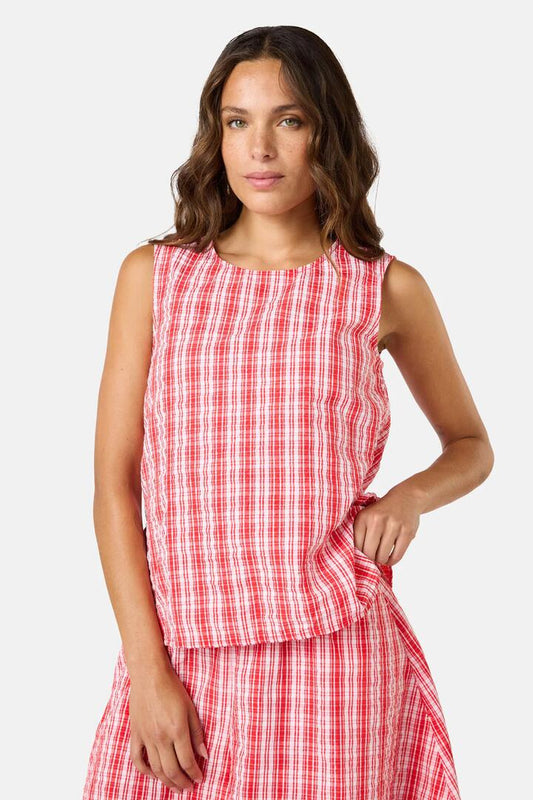 Image of a model wearing Tops. Productname: Highland Check Ruched Tank in Red colour by brand - Gorman