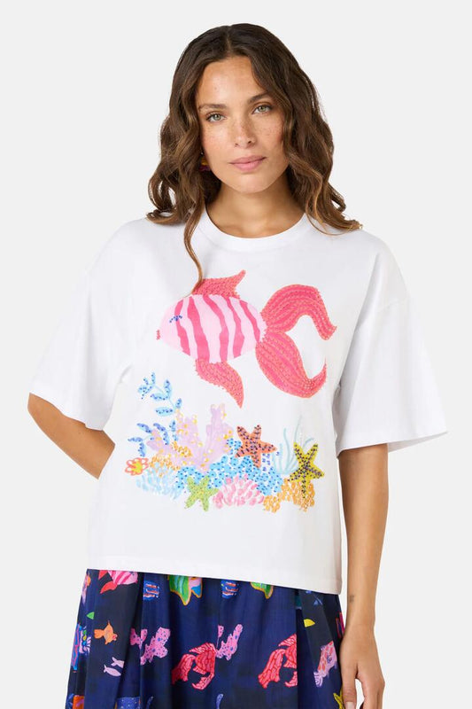 Image of a model wearing Tops. Productname: Fish Ahoy Relaxed Tee in Print colour by brand - Gorman