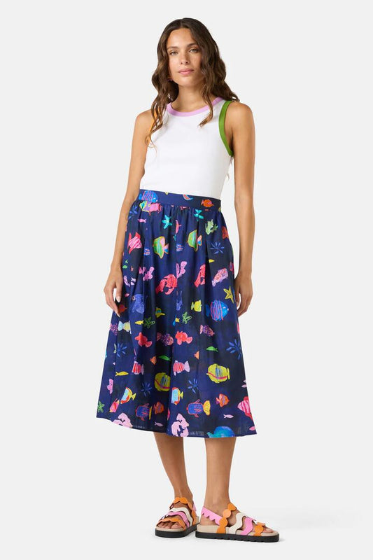 Image of a model wearing Pants. Productname: Fish Ahoy Wide Leg Skort in Print colour by brand - Gorman