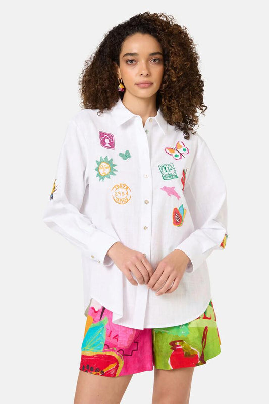 Image of a model wearing Tops. Productname: Pen Pals Embroidered Shirt in White colour by brand - Gorman