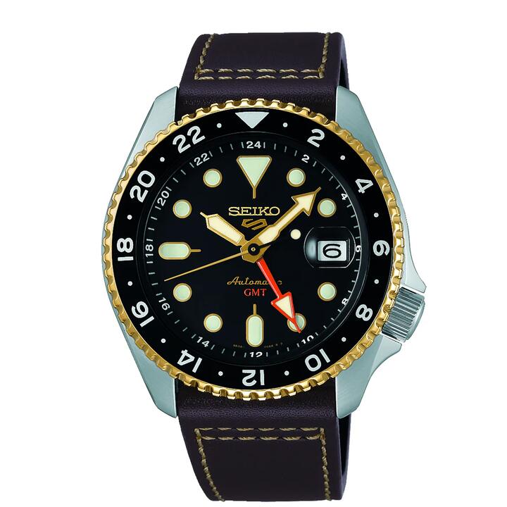 Image of Watches. Productname: Seiko Automatic GMT 5 Sports Brown Leather Watch SSK036K in Watch colour by brand - Seiko