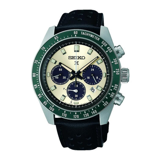 Image of Watches. Productname: Seiko Prospex Speedtimer Solar Black Leather Watch SSC943P in Watch colour by brand - Seiko